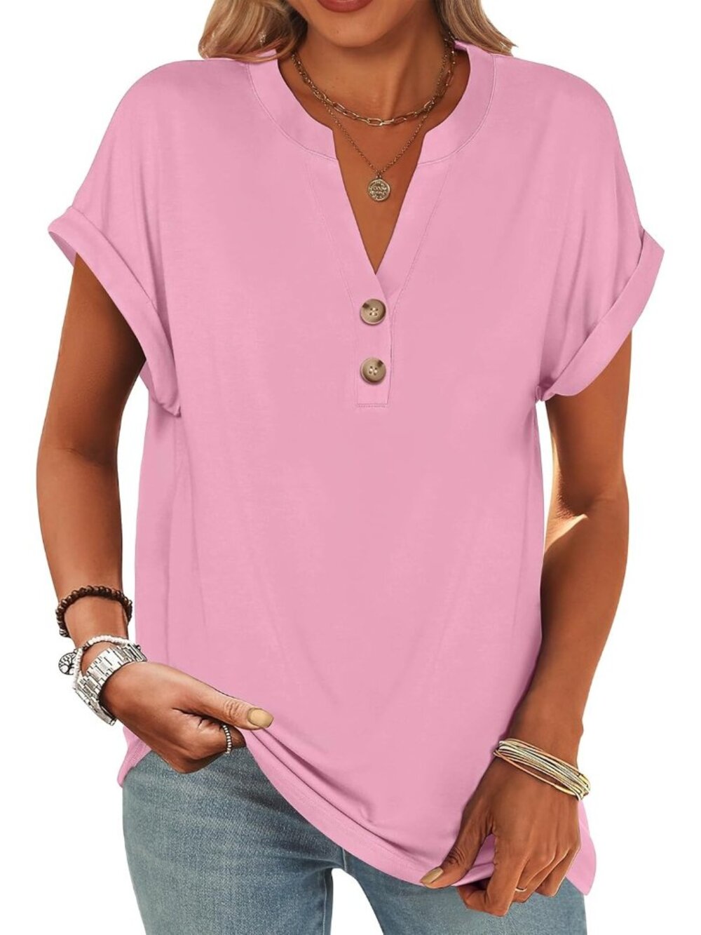 Women's Pink Summer Short Sleeves Henley V Neck Comfortable Trendy Tee Shirts